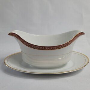 Crown Empire China Empress Gravy Boat White Maroon Band Gold Flowers